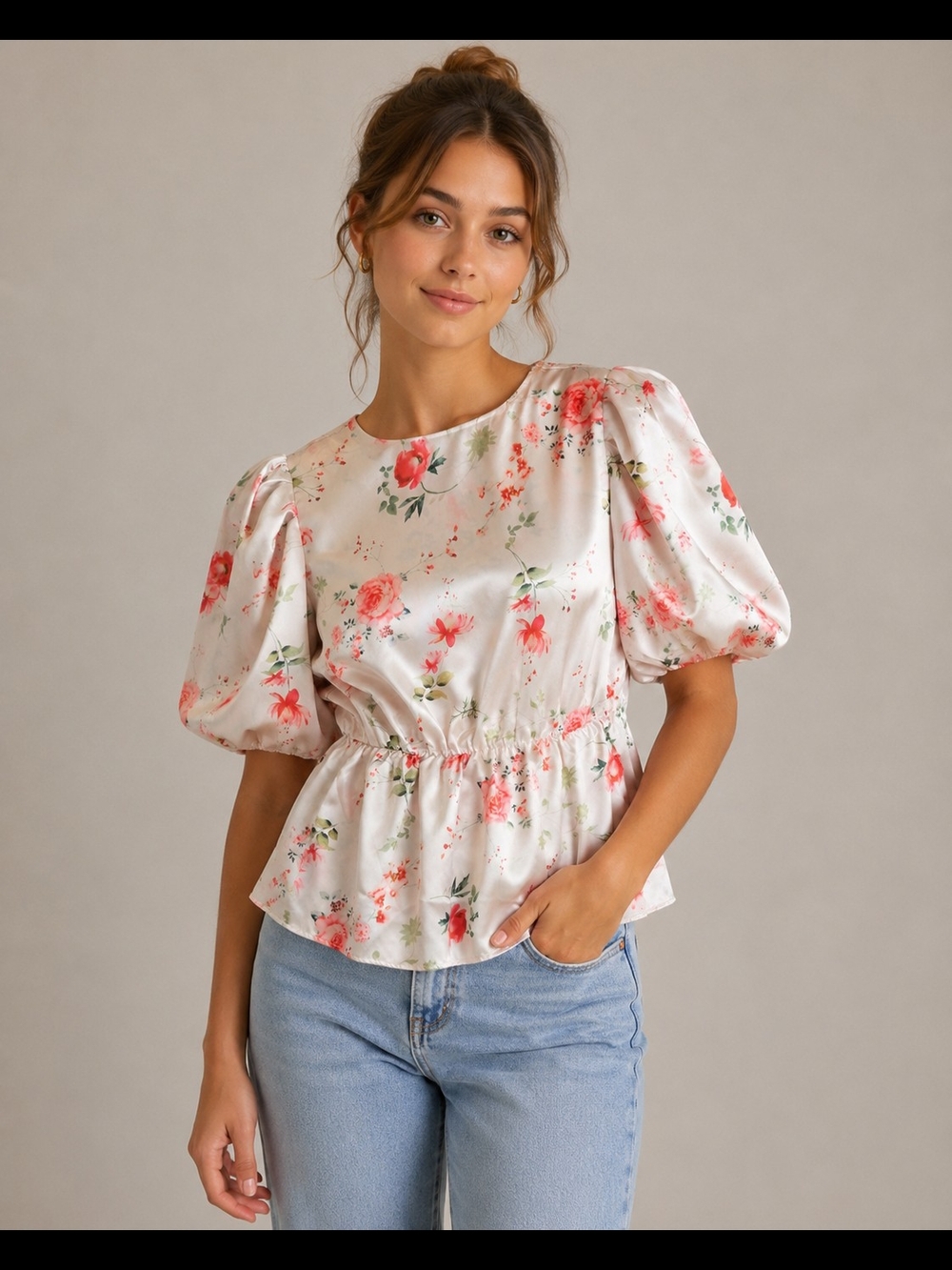 Vero Moda  Floral Satin Puff-Sleeve Peplum Blouse Size Small Cream Pink Rose